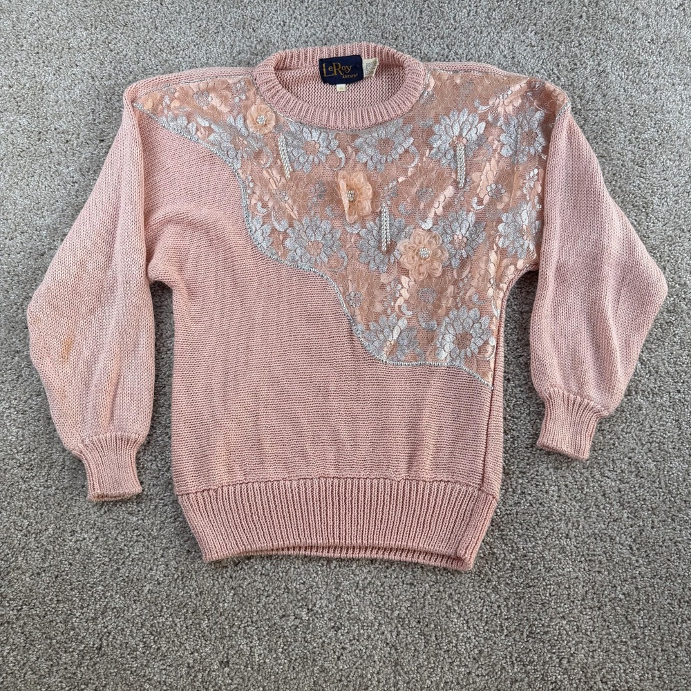 Vintage LeRoy Sweater Womens Medium Pink Floral Lace Beaded Front Knit Pullover